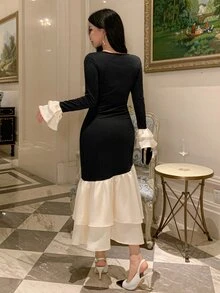 DAZY Women's Long Colorblock Patchwork Fitted Banquet Dress - Black - View 8