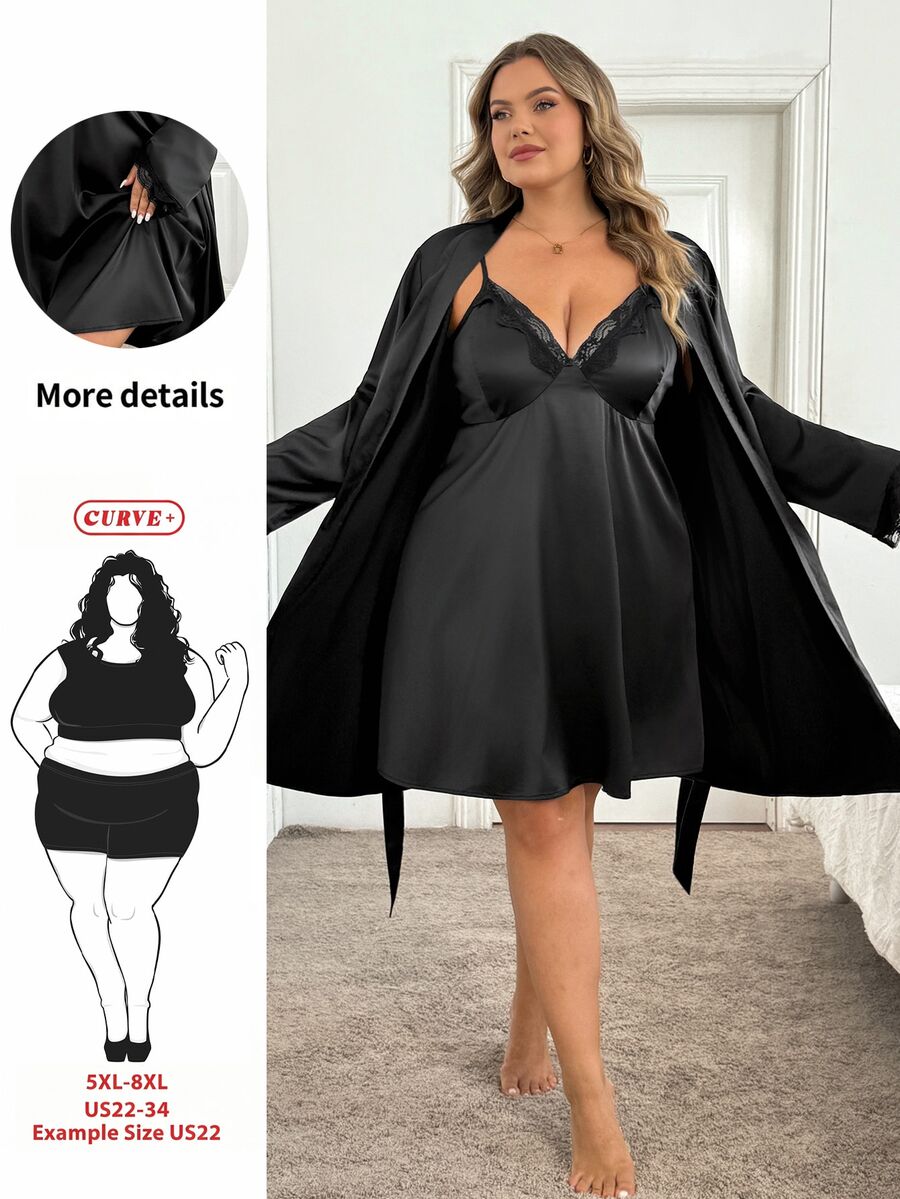 SHEIN CURVE+ Women's Plus Size Lace Camisole Dress With Satin Long Sleeve Jacket 2 Pieces Set - Black - View 1