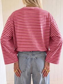 SHEIN EZwear 海外長袖粉紅與紅色拼接條紋上衣，秋季上衣，適合日常通勤、派對、秋冬春夏、聖誕節、新年、感恩節、派對、婚禮、海灘、畢業典禮、優雅、外出、約會、通勤、情人節、優雅、度假、Y2K、畢業典禮及其他場合 - 彩色 - 查看 2