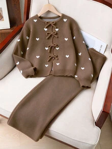 Genkimix Kids 2件組青少年女孩毛衣套裝，可愛甜心與蝴蝶結裝飾開襟長袖外套，搭配百搭寬腿長褲，秋冬款 - 棕色 - 查看 1