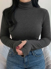 Dazy Plus Korean Style Autumn/Winter New High Neck Slim Fit Base Layer T-Shirt - Dark Grey - View 4