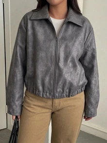 Livesso Plus Size Women's Autumn/Winter New Loose Casual Leather Jacket Regular Coat - Grey - View 2