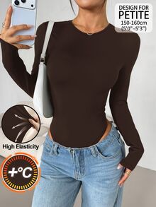 SHEIN PETITE 女款純色修身百搭日常穿著長袖緊身連身衣，黑色，秋季極簡簡約百搭，小碼 - 巧克力棕 - 查看 11