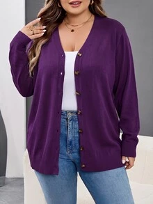 SHEIN CURVE+ 大尺碼黑色冬季休閒日常針織開襟衫 8XL，女裝 6XL 5XL XXL 哥德風萬聖節服裝，蜘蛛網印花秋季透視緊身褲 - 紫色 - 查看 3