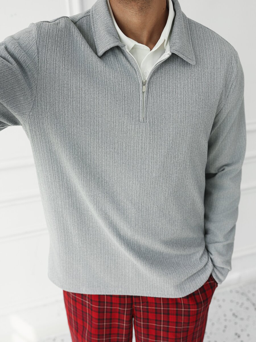 HUEFORM Men's Grey Polo Shirt, Slim Fit Zipper Style, Old Money Style Striped Fleece Fabric, Autumn/Winter - Grey - View 1