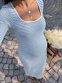 SHEIN Maternity Striped Square Neck Long Sleeve Side Slit Hem Casual Dress Fall - Blue and White - View 10