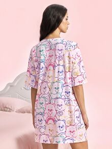 SHEIN X Care Bears 女款卡通印花圓領睡裙，適合日常穿著 - 粉色 - 查看 2