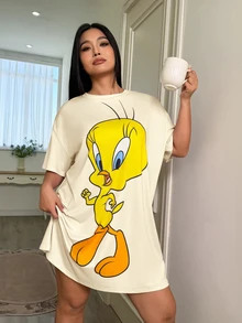 LOONEY TUNES X SHEIN 大尺碼可愛卡通印花短袖睡裙 - 杏色 - 查看 3