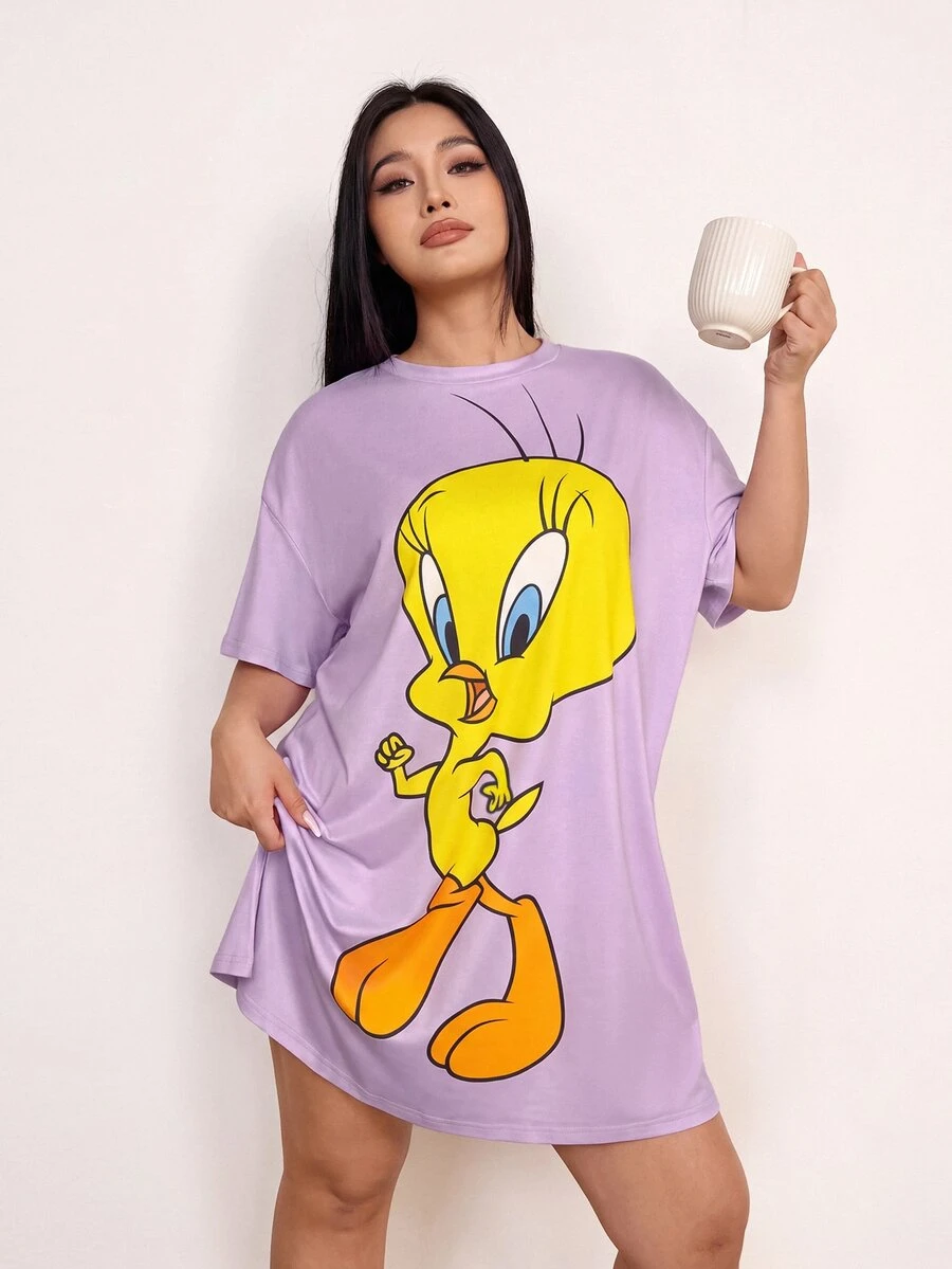 LOONEY TUNES X SHEIN 大尺碼可愛卡通印花短袖睡裙 - 紫色 - 查看 1