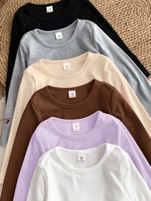 SHEIN 女童 6件組 素色圓領休閒針織T恤，磨毛厚實面料，適合秋冬穿著 - 彩色 - 查看 3