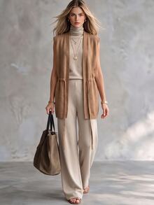 SHEIN Autumn/Winter New Casual Minimalist Solid Color V-Neck Drawstring Tie Mid-Length Knit Vest For Women, Casual Daily Commute Outfit - Khaki - View 3