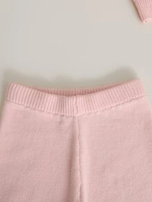 SHEIN 新生女嬰粉色針織套裝，毛衣開襟衫與套頭上衣，蝴蝶結裝飾，寬腿鬆身長褲套裝，適合秋冬，可愛舒適時尚 - 粉色 - 查看 4
