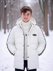 SHEIN Tween Boy Letter Patched Kids Contrast Piping Hooded Puffer Coat , Winter - White - View 1