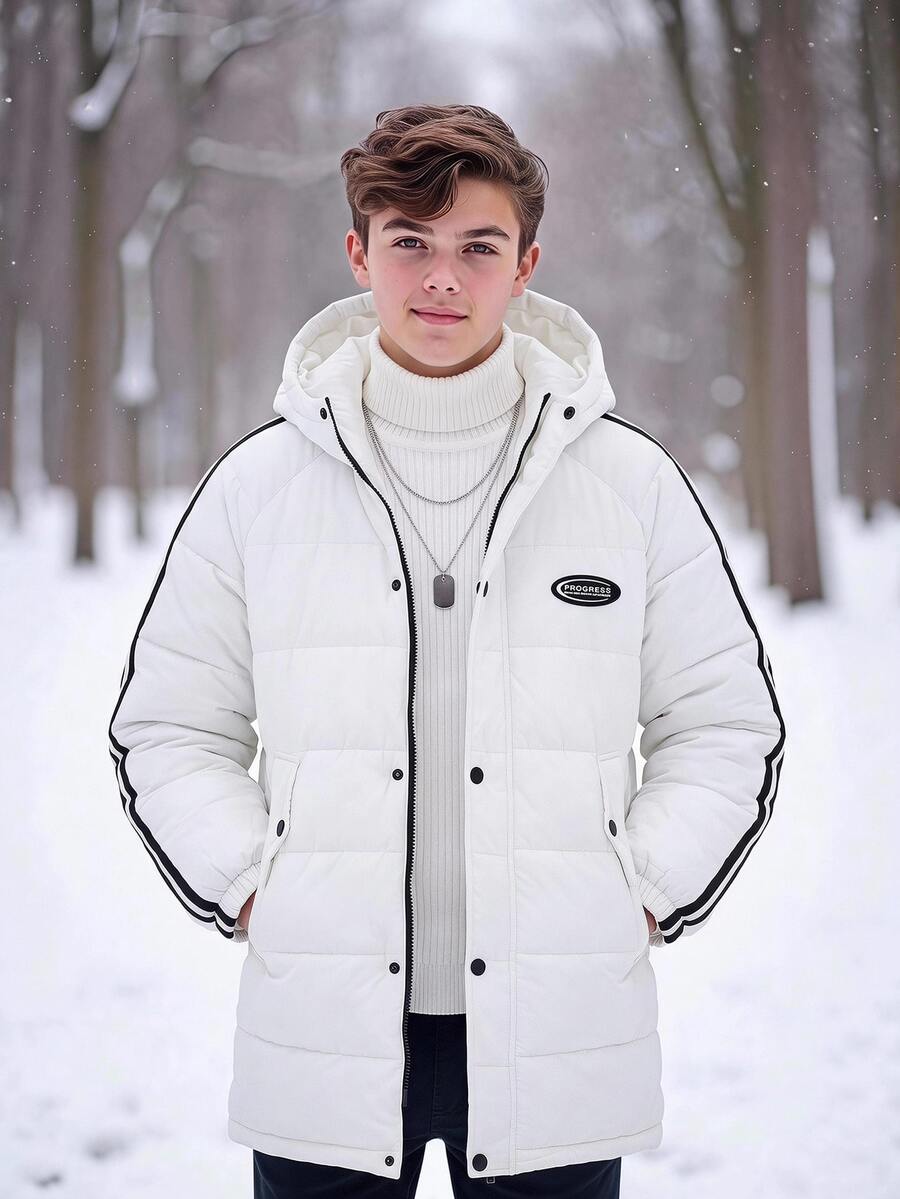 SHEIN Tween Boy Letter Patched Kids Contrast Piping Hooded Puffer Coat , Winter - White - View 1