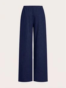 SHEIN EZwear 2色女款抽繩腰寬鬆休閒基礎寬腿居家舒適長褲，秋季女裝，巧克力棕、灰色 - 藏蓝色 - 查看 6