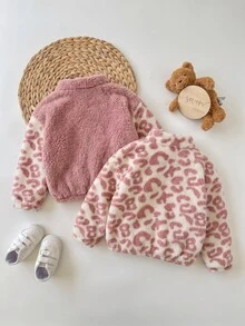 SHEIN 2件裝女嬰休閒毛茸茸豹紋立領夾克，秋冬季 - 彩色 - 查看 2