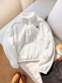 SHEIN 青少年女孩針織蝴蝶結毛絨立領半拉鍊拼接寬鬆休閒長袖秋冬衛衣 - 白色 - 查看 1
