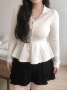 Dazy Plus Cardigan Gaya Korea Lengan Panjang Kerah Lipat Warna Polos Musim Gugur/Dingin dengan Hiasan Ruffle - Aprikot - View 2