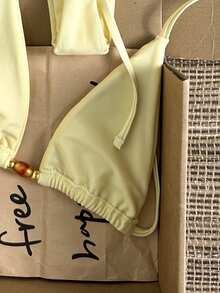 Swim Mod Polka Dot Halter Tie Two Pieces Bikini Swimsuit - Yellow - View 5