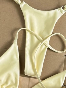 Swim Mod Polka Dot Halter Tie Two Pieces Bikini Swimsuit - Yellow - View 7