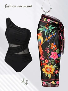 Swim Oasis Women's Solid Color One-Shoulder Ruched One-Piece Swimsuit With Palm Tree Print Cover Up Skirt Set - Black - View 1