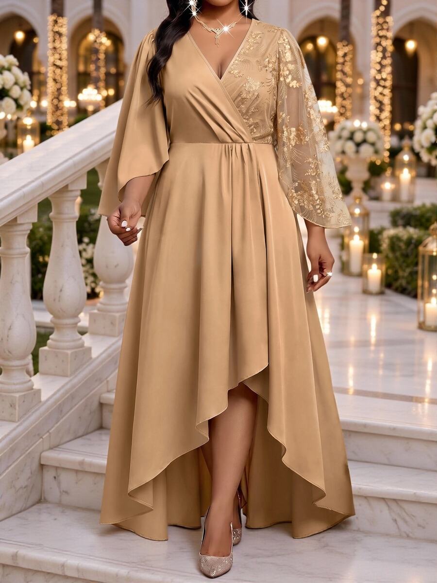 Fleurora Plus Size Women's Embroidered Mesh Flare Sleeve Elegant High-Low Hem Dress - Khaki - View 1