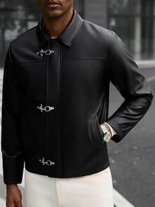Manfinity CasualCool جاكيت جلد كاجوال للرجال مع إبزيم طائرة - الأسود - مشاهدة 4