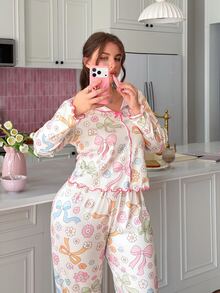 Slumberry CURVE Sweet Ins Colorful Bow & Floral Print Contrast Trim Plus Size Pajama Set - White - View 5