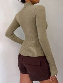 Aloruh Women's Casual Ribbed High Neck Zip-Up Long Sleeve Sweater Cardigan, Yellow, Suitable For Everyday Wear And Sports, Autumn/Winter - Khaki - View 4