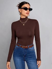 SHEIN Tall 簡約純色修身高領黑色上衣，適合秋冬，高個女性穿著 - 摩卡棕 - 查看 6