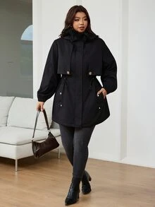 Reflora Plus Size Women's Solid Color Long Sleeve Zip-Up Drawstring Waist Patchwork Fur Hooded Jacket - Black - View 7