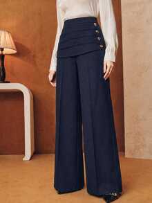 Anewsta Spring/Autumn Elegant High Waist Pleated Waistband Side Button Straight Leg Dress Pants, Suitable For Commute, Daily And Date - Navy Blue - View 3