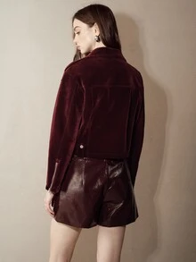 MOTF PREMIUM VELVET MOTORCYCLE LAPEL EPAULETTE WIDE SHOULDER LOOSE FIT CROPPED JACKET - Burgundy - View 4