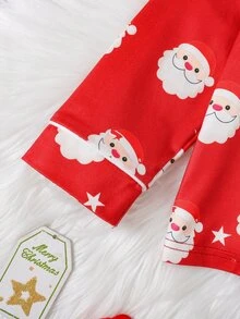 SHEIN 女童防焰數位印花聖誕老人星星開襟對比色修身長袖長褲家居服套裝 - 紅色 - 查看 6