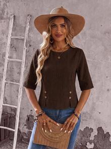 EMERY ROSE Women's Solid Color Casual Daily Wear Blouse - Chocolate Brown - View 4