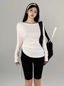 DAZY Women's Solid Color Pleated Casual Daily Travel Sports T-Shirt - White - View 8