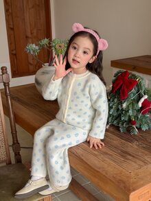 DAZY Baby Girl All-Over Print Long Sleeve Single-Breasted Knit Cardigan And Knit Pants Casual Set - White - View 6