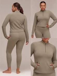 GLOWMODE Plus Size FeatherFit™ Beat The Chill High-Neck Pullover With Thumbholes & Reflective Polka-Dot Back Running Gym Training Fall Active Wear - Olive Brown - View 8