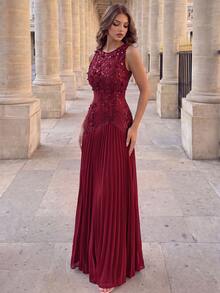 Poshira High-End Evening Gown With Premium 3D Embroidery, Elegant Pleated Hem, Sleeveless Luxury Dress - Burgundy - View 3