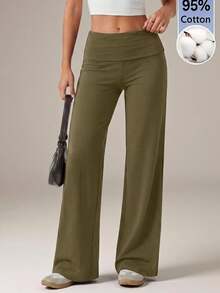 SHEIN Tall 黑色高腰寬腿寬鬆休閒基礎長褲居家服 秋季 高個女性適用 - 軍綠色 - 查看 4