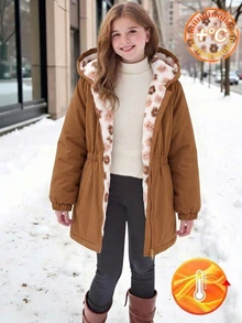 SHEIN Tween女孩兒童冬季棕色花卉保暖內裡拉鍊連帽外套，彈性腰頭，加厚休閒通勤秋冬外套 - 棕色 - 查看 2