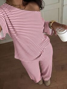 Siren Gaze Women's Striped Cold Shoulder Dropped Sleeve T-Shirt And Long Pants Casual Set - Pink - View 3