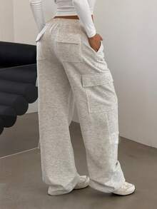 SHEIN 青少年女孩淺灰色工裝口袋休閒運動束口長褲 - 灰色 - 查看 2