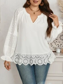 EMERY ROSE Plus Size White Cotton Embroidery Ruffle Trim Notched V Neck Long Sleeve Blouse Elegant Office Fall Winter 2026 - White - View 6