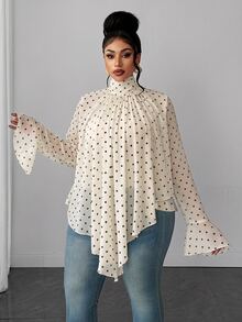 Maweii Plus Size Women's New Apricot Semi-Sheer Stand Collar Ruched Asymmetrical Flared Sleeve Chiffon Blouse, Loose Draped Fit, Stacked Stand Collar, Full Front Ruched Detail, Asymmetrical Hemline, Slightly Sheer Chiffon Flared Long Sleeves, Hidden Mushroom Button Back Collar, Commute Chiffon Top, Workplace Date Atmosphere, Gentle Fairy Style, Spring Autumn Loose Fit - Apricot - View 3