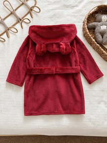 LMoss Kids 小男孩卡通熊刺繡法蘭絨連帽家居服，酒紅色收腰設計，柔軟毛絨面料，寬鬆版型，適合小男孩秋冬居家洗浴晨袍 - 彩色 - 查看 2