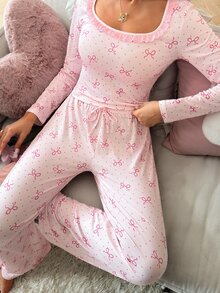 SweetSlumber Sweet Ins Bow Print Lace Patchwork Long Sleeve Women's Pajama Set - Pink - View 4