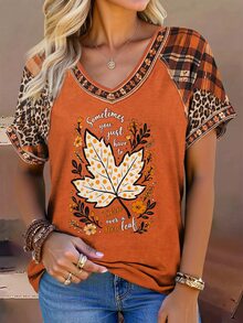 EMERY ROSE Plus Size Women's Halloween Bloody Handprint Graphic T-Shirt With Rolled Up Cuffs, "I'm Okay It's Not My Blood" Letter Print V-Neck Casual Tee Tops - Multicolor - View 1