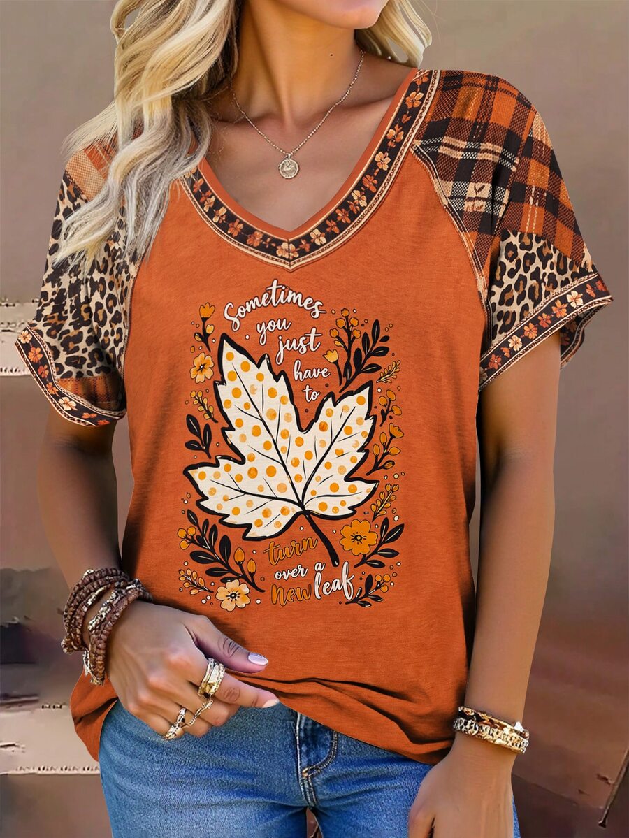 EMERY ROSE Plus Size Women's Halloween Bloody Handprint Graphic T-Shirt With Rolled Up Cuffs, "I'm Okay It's Not My Blood" Letter Print V-Neck Casual Tee Tops - Multicolor - View 1
