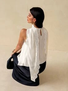 SHEIN Tall بلوزة نسائية أنيقة من الشيفون والدانتيل مع تطريز وتفاصيل كشكشة على الياقة - لون مشمشي - مشاهدة 2
